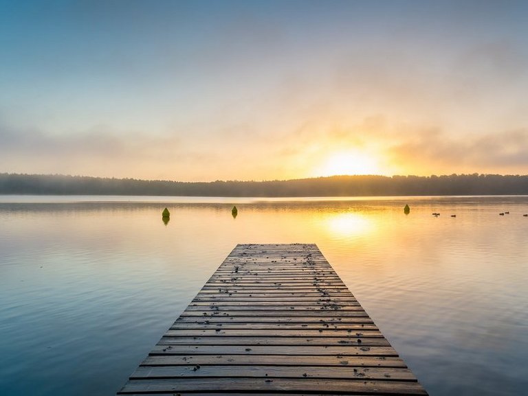 naturbild-seestimmung mit steg-sonnenspiegelung auf dem wasser